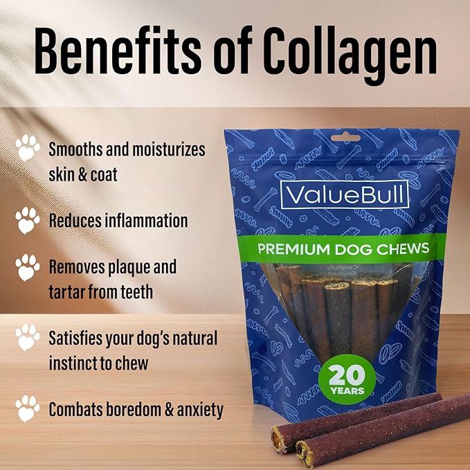ValueBull Collagen Sticks for Dogs, 6 Inch Medium Chews, Natural Long-Lasting Dog Treats, 50 Count - Supports Joints, Skin & Coat with Chondroitin & Glucosamine
