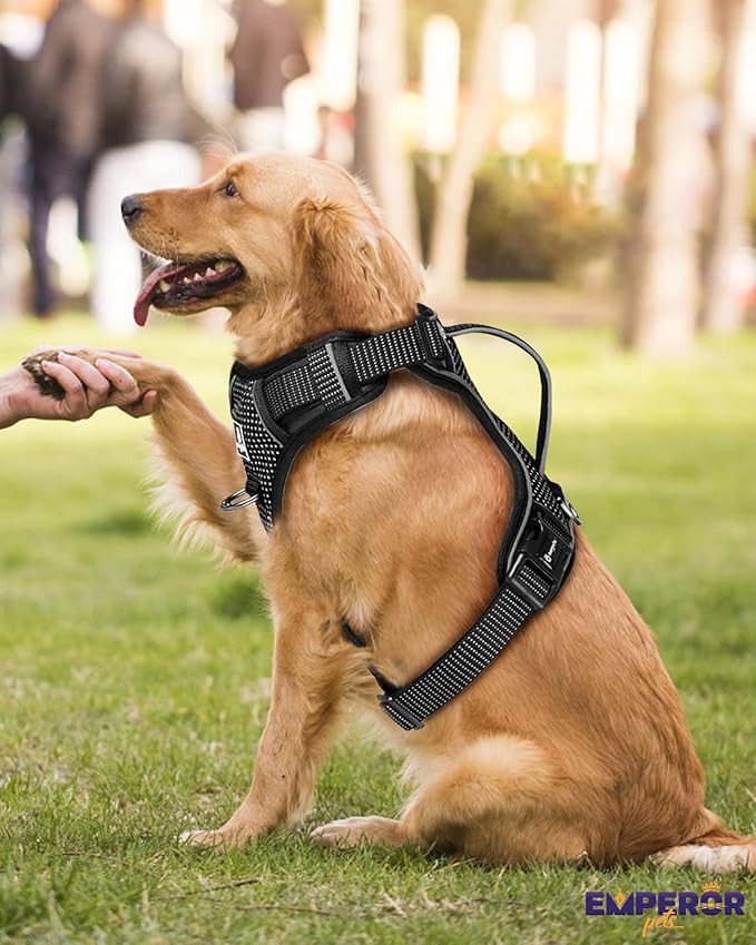 Emperor Pets Black Reflective Dog Harness for Large Dogs - No Pull Dog Harness with 2 Leash Clips, Premium Oxford Soft Padded Large Dog Harness, No Choke Design, Dog Harness for Large Dogs (L, Black)