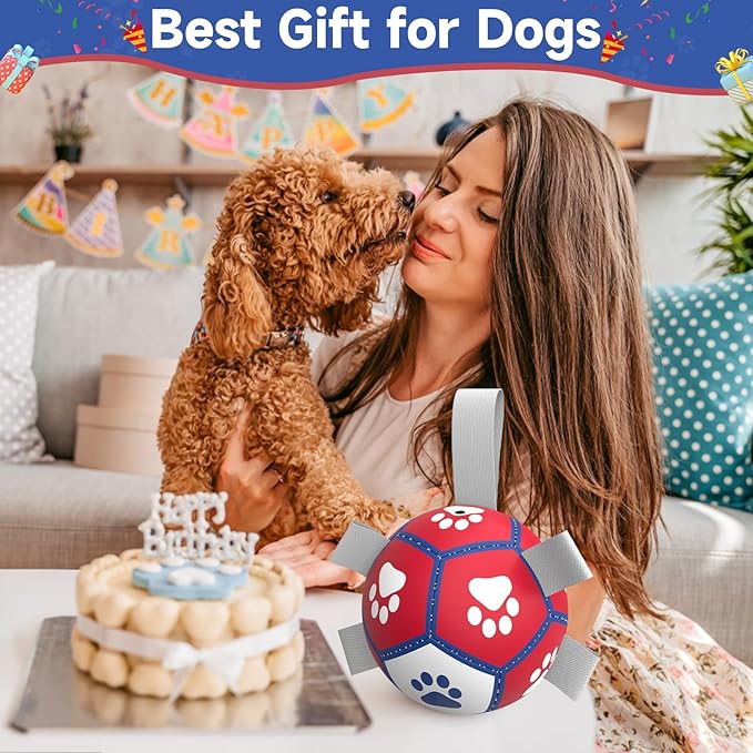 Diman Small Dog Toys Soccer Ball with Straps,Interactive Dog Balls for Tug of War, Yard Games, Dog Waterpool Toy, Herding Ball for Small Dogs, Pet Birthday Gifts Boredom Buster (5inch)