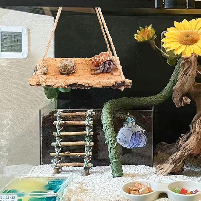 Oooct Hermit Crab Climbing Toy, Natural Wooden Reptile Swing Toy, Pet Cage Tank Aquarium Accessories for Hermit Crab Lizard Chameleon Hamster Guinea Pig Chinchilla Bird Parrot