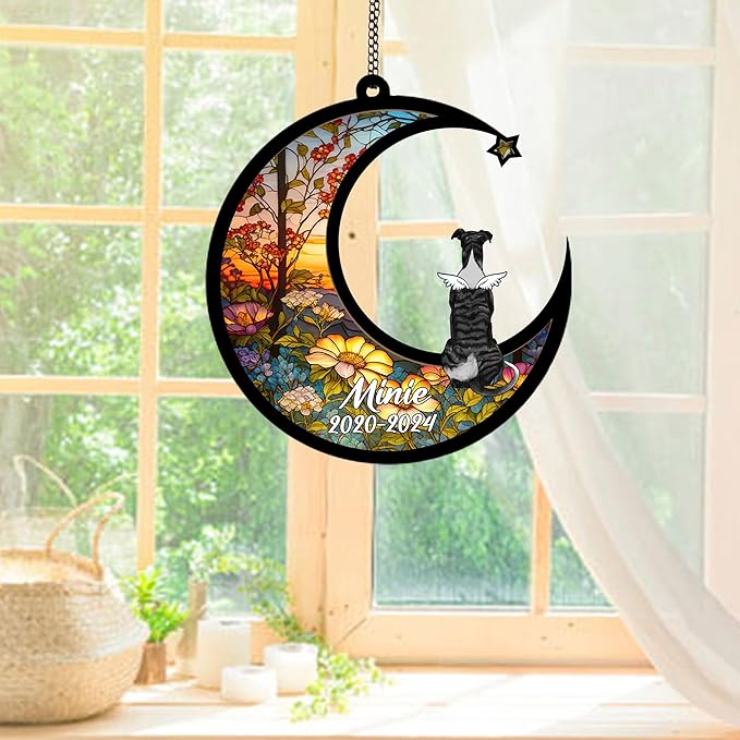 Personalized Whippet (Black) Sun Catcher, Dog Memorial Gifts, Custom Whippet (Black) with Wings Ornament Christmas Tree, Loss of Dog Sympathy Gift Memorial Suncatchers