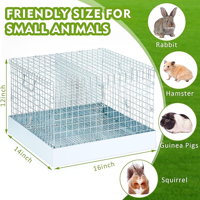 Folding Rabbit Cage, Portable Bunny Carrier with Tray and Handles for Transport, Trave or Temporary Housing, Indoor Outdoor Pet Habitat Animal Enclosure (16 x 14 x 12 in)
