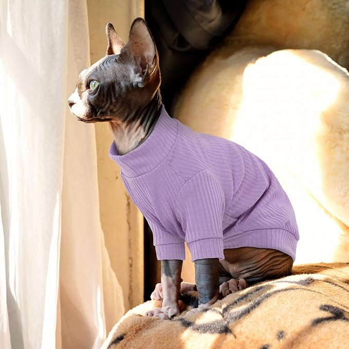 PUMYPOREITY Stretchy Cat Shirt, Sweater With Sleeves, Soft Clothes for Sphynx Hairless Cats, Devon Rex - Purple, L