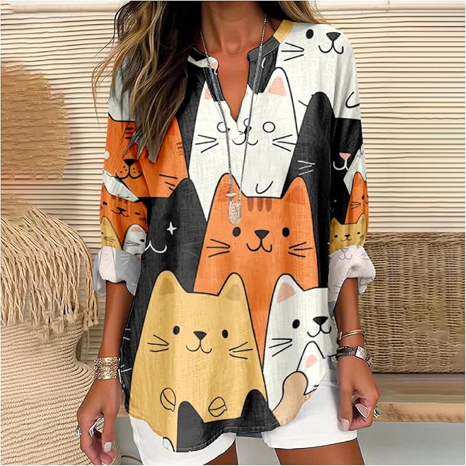 MARSVOVO Cat Shirts for Women Long Sleeve Cute Cat Pullover Graphic Novelty V Neck Blouse Oversized Funny Tunic Tops