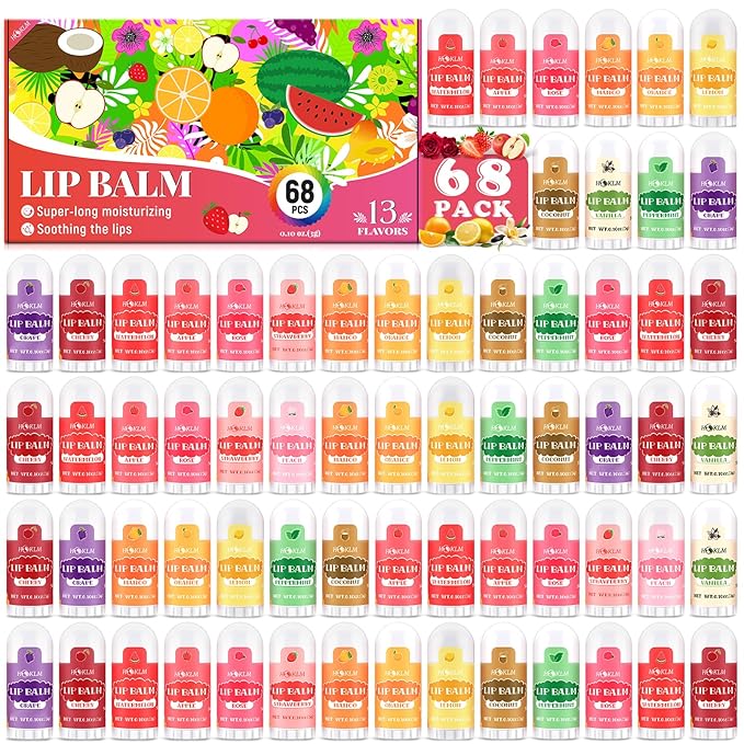 Mini Lip Balm 68 Pack, Natural Lip Balms with Vitamin E and Coconut Oil. Moisturizes for Dry Lips, Perfect for Christmas Gifts, Party Favors, Gift Bags and Small Gifts-13 Flavors