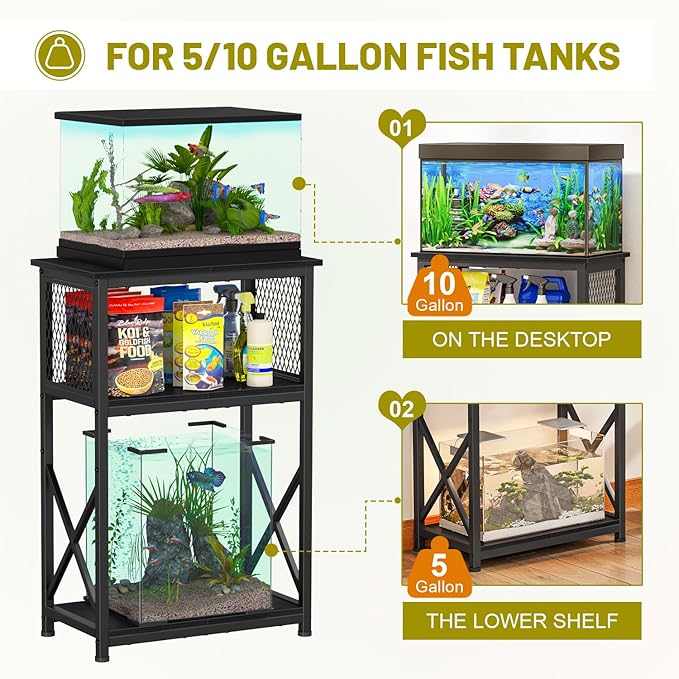 Snughome 10 Gallon Aquarium Stand with Storage, 3 Tier Heavy Metal Fish Tank Stand Shelf 20.47" x 11.42" x 30.91", Black