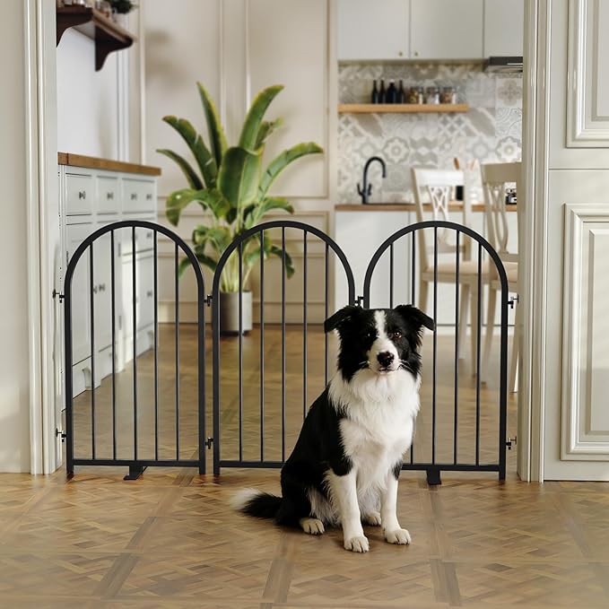 Full Metal Dog Gate for Indoor Outdoor, 32" Tall Free Standing Pet Dog Fence, 54" Wide Arched Pet Gates for Stairs, Hallways, Doorways, Kitchen, Decks, Yards (Black, 3 Panels)