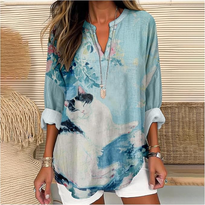MARSVOVO Cat Shirts for Women Long Sleeve Cute Cat Pullover Graphic Novelty V Neck Blouse Oversized Funny Tunic Tops