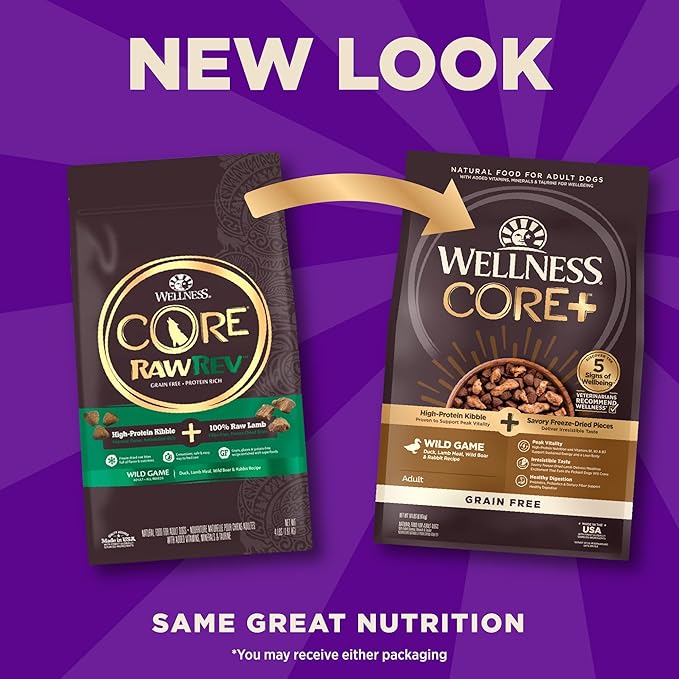 Wellness CORE+ Dry Dog Food with Freeze Dried Pieces, Grain Free, High Protein, Natural, Wild Game Duck, Lamb, Wild Boar, & Rabbit Recipe, (18-Pound Bag)