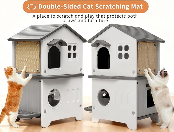 Rockever Outdoor Cat House with Insulated Liner, 100% Insulated Cat Houses for Winter Outside, 2 Story Waterproof Cat House For Outdoor Cats, Sturdy Stainless Steel Bowl & Scratching Post,Clean Easily