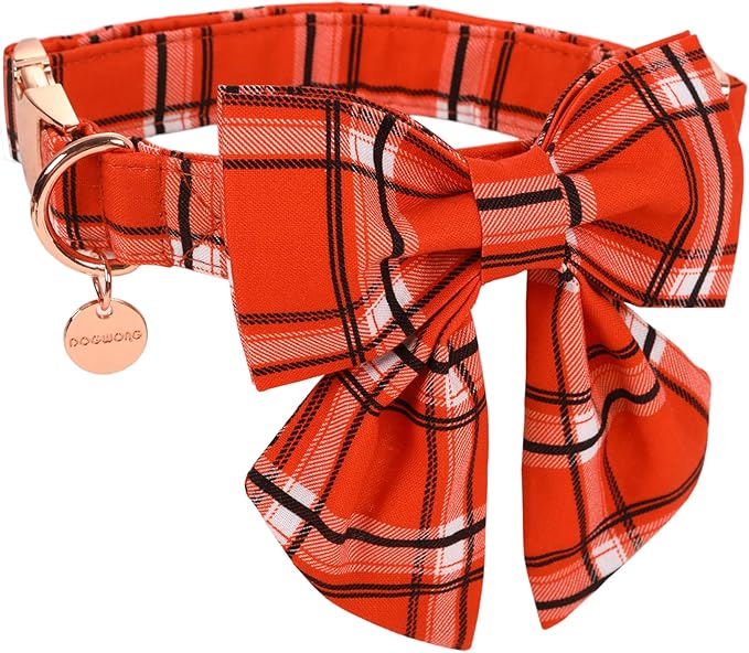 DOGWONG Fall Plaid Dog Collar with Removable Cute Bow Tie Adjustable Pet Collars, Soft Comfy Orange Plaid Pet Collar - Fall Dog Collar for Small Medium Large Dogs