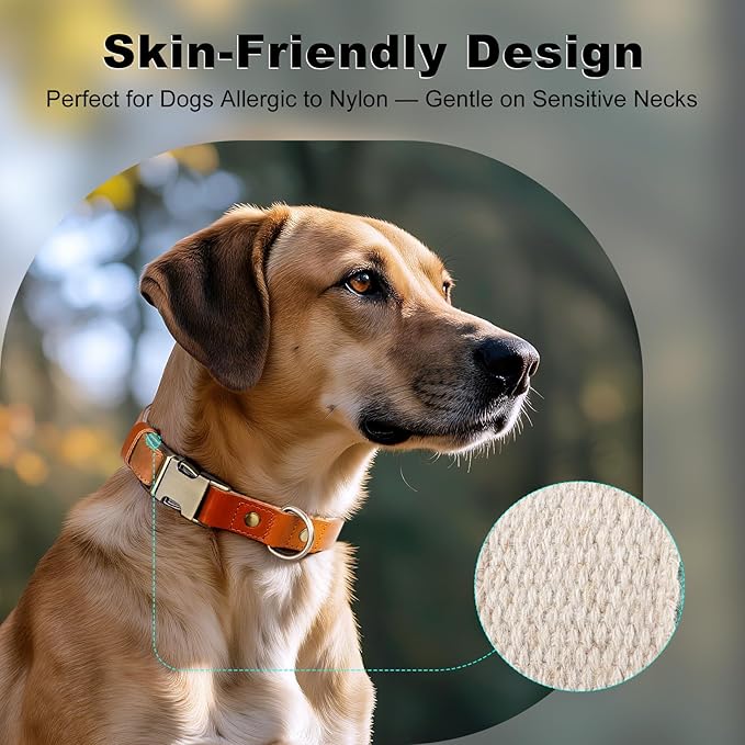 Plutus Pet Genuine Leather & Hemp Dog Collar – Adjustable Heavy Duty Pet Collar with Quick Release Metal Buckle, Soft & Stylish for Puppy and Small, Medium, Large Dogs (Light Brown, L)
