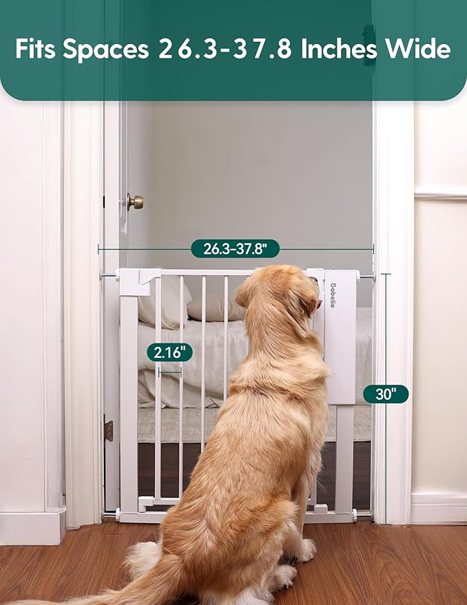 Babelio Smart Infrared Auto-Unlock Baby Gate for Doorways & Stairs, Auto Close Dog/Pet Gates for House, Pressure Mounted | Easy Install | No Drilling | Walk Thru Door (White, 26.3-37.8" W, 30" H)
