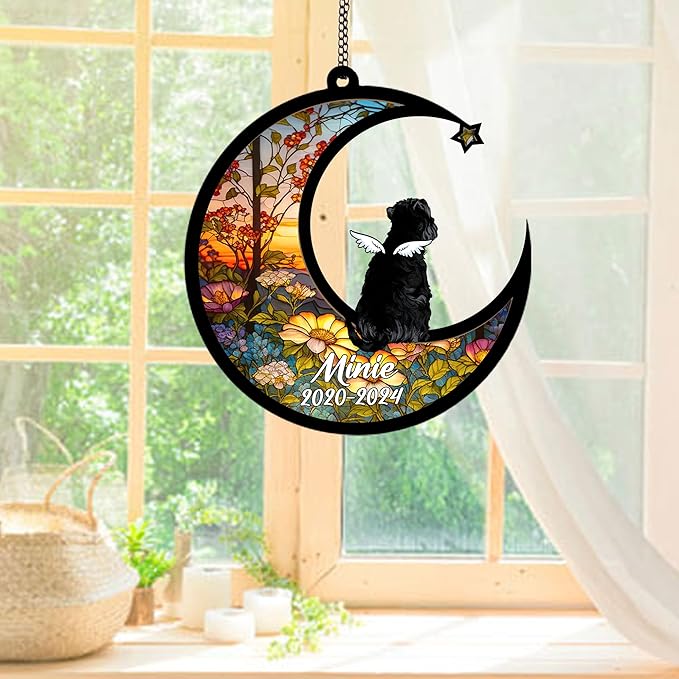 Personalized Schnauzer (Black) Sun Catcher, Dog Memorial Gifts, Custom Schnauzer (Black) with Wings Ornament Christmas Tree, Loss of Dog Sympathy Gift Memorial Suncatchers