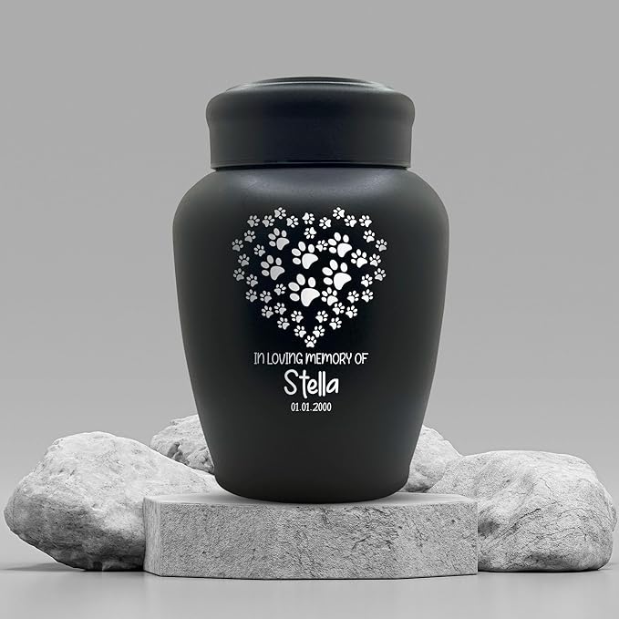 Personalized Custom Dog Urn Engraved Dog Name and Date - Stainless Steel Large Cremation Urns for Large Dog's Ashes with Airtight Closure | 150 Cu in. Capacity | Paw Print Heart