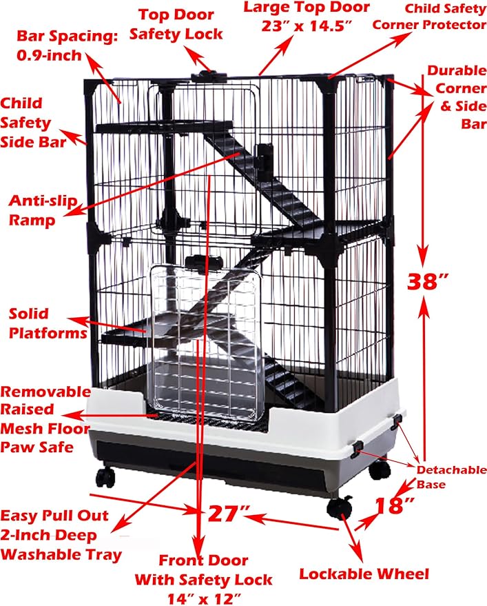 Large Deluxe in/Outdoor Guinea Pig Chinchilla Ferret Squirrel Hedgehog Kitten Rabbit Bunny Hutch House Critter Habitat Paw Safe Platform Ladder Easy Clean Bottom Mesh Floor Pull Out Tray On Wheels