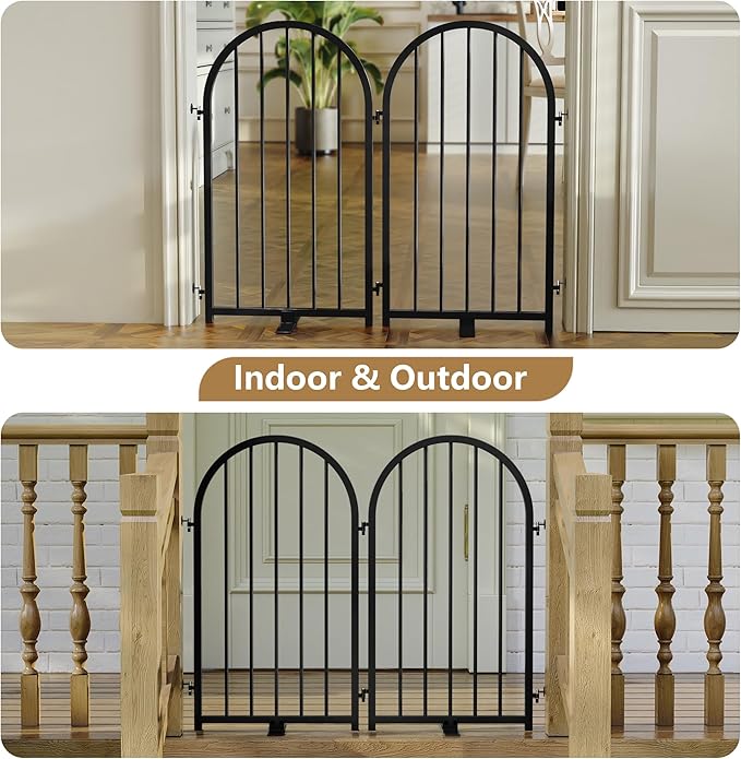 Full Metal Dog Gate for Indoor Outdoor, 32" Tall Free Standing Pet Dog Fence, 36" Wide Arched Pet Gates for Stairs, Hallways, Doorways, Kitchen, Decks, Yards (Black, 2 Panels)