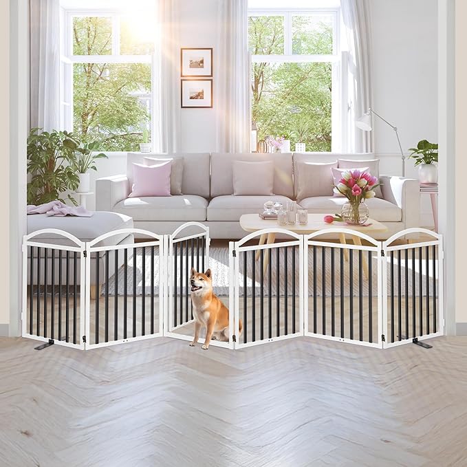 Malier Metal Freestanding Dog Gate with Door, 32'' Height 6 Panels Dog Gate for House, Extra Wide Foldable Indoor Puppy Fence (Black + White, 【6 Panels with Door】 144''W × 32''H)