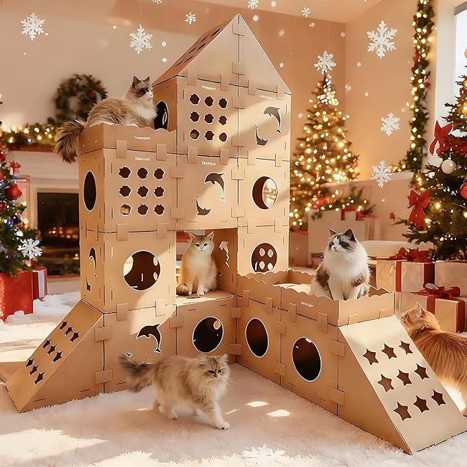 DIY Cardboard Cat House with Scratching Pad, Cat Tower Indoor Play House, Versatile Cardboard Cat Tunnel Box for One or More Pets, Indoor Use Rabbit Hideout Cave Castle Brown, 6 Parts