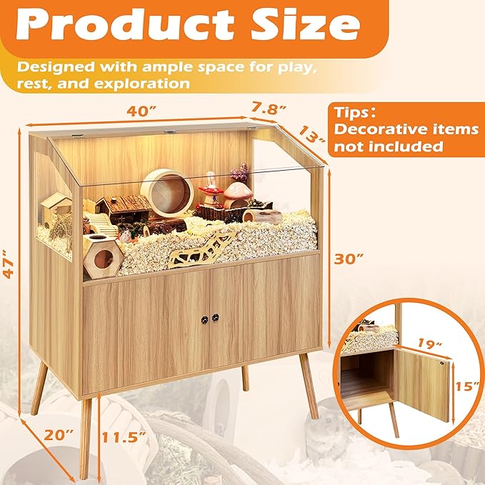 PROLEE Hamster Cage with Storage Cabinet,Large Hamster Encloure Chew Proof Wood,Clear View Hamster Habitat for Guinea Pig, Ferret, Rat, Hedgehog, 40" L x 20" W x 47" H (Oak)