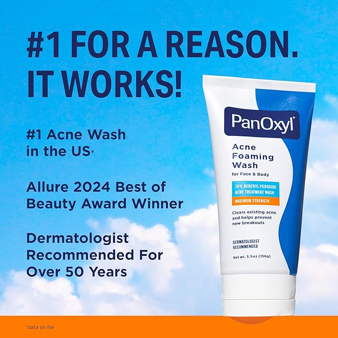 PanOxyl 10% Benzoyl Peroxide Acne Foaming Wash, Maximum Strength, Daily Acne-Fighting Face & Body Cleanser, Face Wash to Clear, Treat and Prevent Acne Pimples and Stubborn Breakouts, 5.5 Oz, Pack of 2