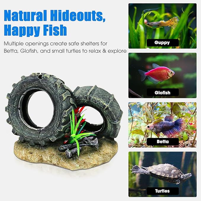 Aquarium Resin Decorations, Tree House Ornament-Tire Scene, Aquarium Decor for Glofish, Betta Accessories, Turtle Hideouts, Aquarium Plants, Ornaments & Fish Tank Accessories (Tire landscape)