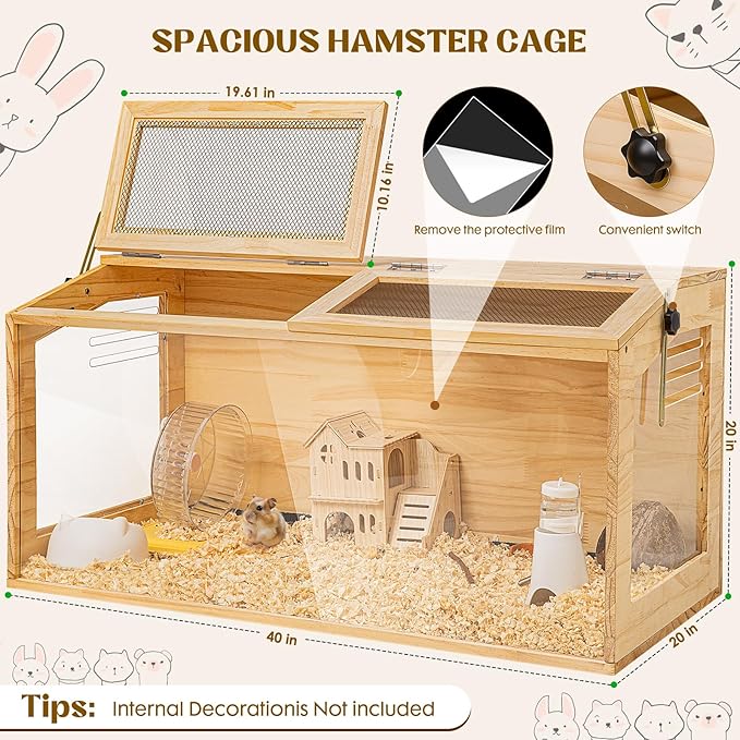Hamster Cage 40" Wooden Chewproof, 270° View Large Habitat with Bite-Proof Metal Mesh & Top Dual Access Doors, Acrylic Sheets & Solid Build for Dwarf Syrian Hamsters/Gerbils/Guinea Pigs/Chinchillas