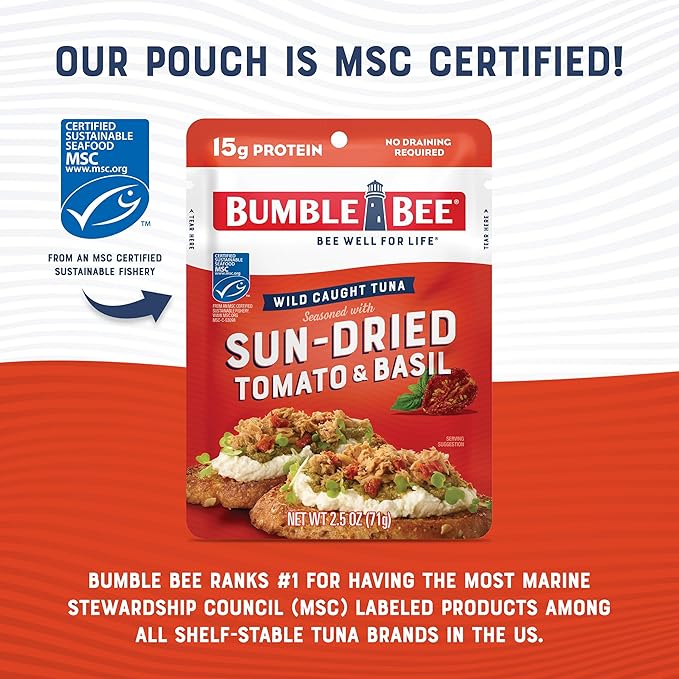 Bumble Bee Sun-Dried Tomato & Basil Seasoned Tuna, 2.5 oz Pouch - Ready to Eat - Wild Caught Tuna Packet - 15g Protein per Serving - Gluten Free