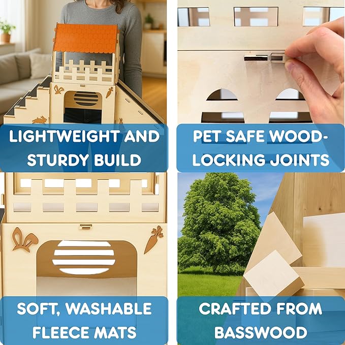 Extra Large Bunny Hideout, Cozy Rabbit Castle with Fleece Mats, Wooden Rabbit Hideout, Bunny House Indoor Indoor, Chinchilla, Guinea Pig House (Pet Safe Wood Joints)