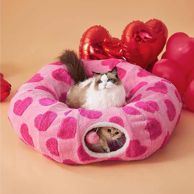 Lesure Cat Tunnel Bed for Indoor Cats - Cute Cat Donut Tunnel Toys with Washable Circle Cushion, Round Pet Peekaboo Cave Toy for Kitten/Puppy/Rabbit, Standard Pink Hearts
