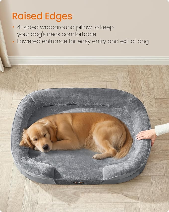 Feandrea Dog Bed, Large Orthopaedic Dog Sofa Bed, 42 x 30 x 7 Inches, Egg Crate Foam, Waterproof Liner, Raised Edges, Removable and Machine Washable Cover, Non-Slip, Light Gray UPGW283G01