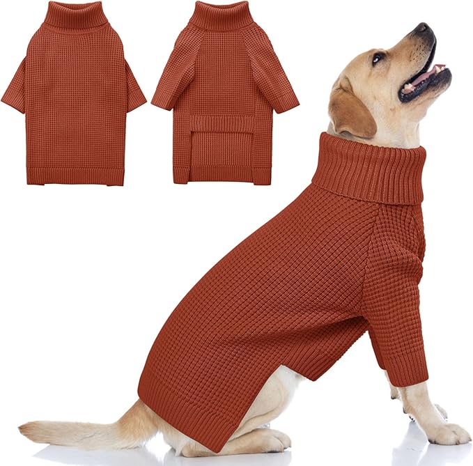 Queenmore XXL Dog Sweater, Large Dog Sweaters for Male Dogs, Turtleneck Plaid Kintsweaters for Large Breeds, Cold Weather Pullover Pet Clothes, Saddle Brown 2XL