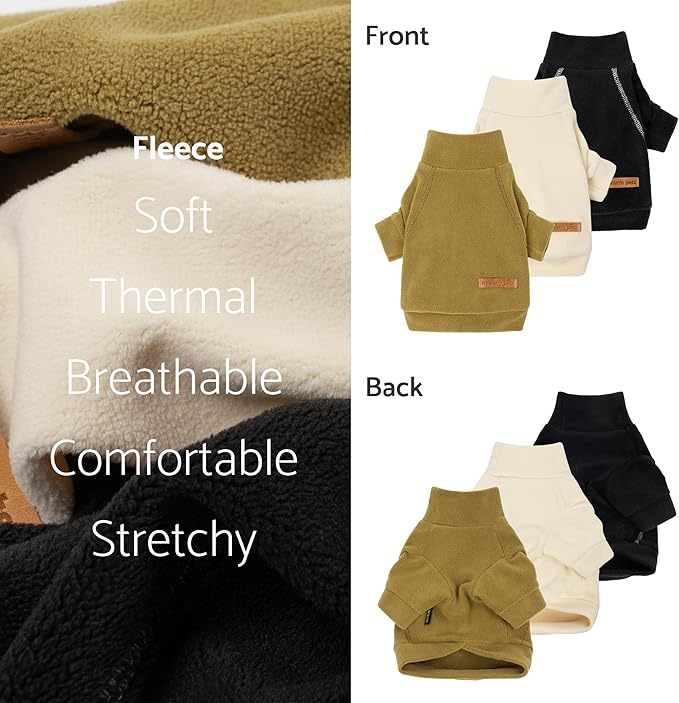 Fitwarm 3 Pack Classic Fleece Dog Sweater, Winter Clothes for Small Dogs Boy Girl, Turtleneck Dog Sweatshirt, Pet Pullover Jumper, Cat Apparel, Black, Olive Green, Cream, XL