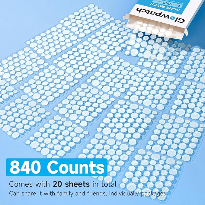 Acne Pimple Patch(840 Counts 4 Sizes), Zit Stickers for Face, Hydrocolloid Spot Stickers, Clear Acne Dots for Covering Zits, Blemishes, and Breakouts