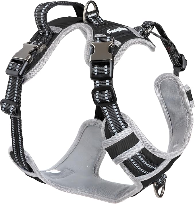 Step in Dog Harness for Large Dogs, Black, Adjustable, Easy On Off, No Pull Through Design, 2 Dog Leash Points, 3M Reflective Trim, Neoprene Padded Control Handle