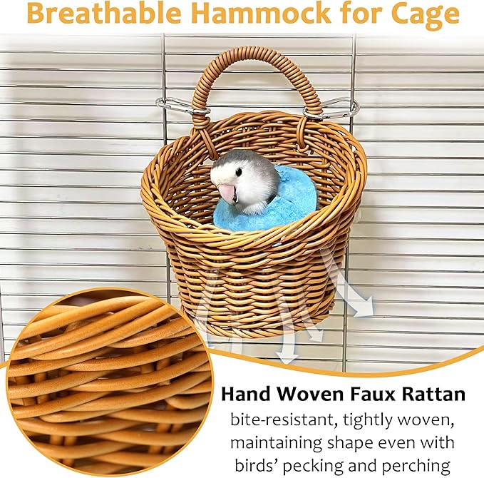 Handwoven Bird Bed for Cage, Chew Resistant Parakeet Nest with Sturdy Hooks, Non Collapse Tight Weave Parrot Bed Nest, Washable Hanging Small Bird Hammock for Budgie Lovebird Canary