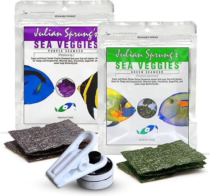Two Little Fishies Seaweed Sea Veggies Green & Purple (Each 1 oz), and Veggie Clips for Aquarium, with Microfiber Cleaning Cloth for Seaweed Aquarium Fish Maintenance (Pack of 4)