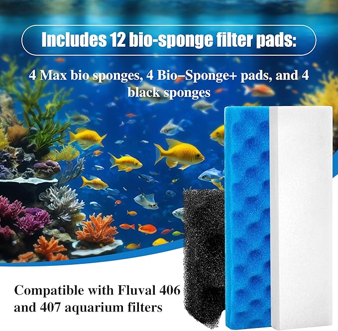 12 PCS Foam Filter Media Kit Compatible with Fluval 406/407 Canister Filters Including Blue White Black Bio Foam for Replacement Filter Sponges for Aquariums