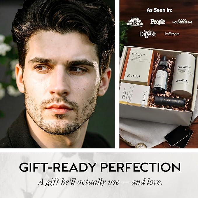ZAAINA Men’s Self Care Package, Valentine Gifts for Men, Relaxation Spa Gift Set - Luxury Natural Handmade Grooming Kit for Husband Dad Friend, Birthday Gifts for Him (Deluxe Set)