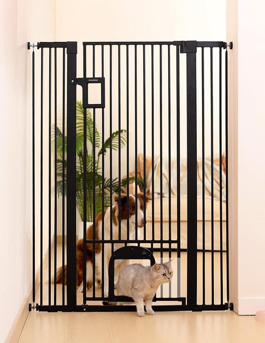 No Pawblems 55" Extra Tall Pet Gate with Adjustable Cat Door, 29-43" Auto Close Dog Gate, NO Drilling Pressure Mounted for Doorways/Hallways, 1.37" Narrow Bar Spacing, Black