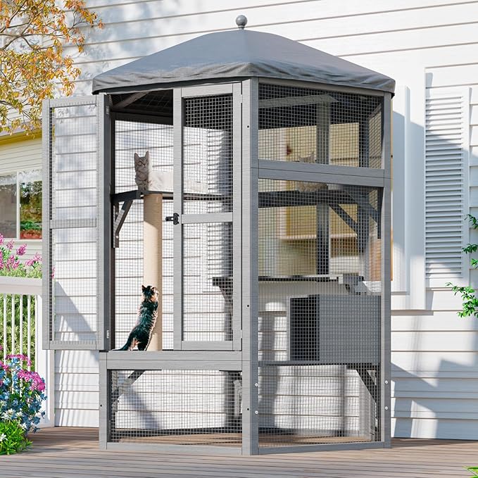 Catio Outdoor Cat Enclosure, Large Indoor Cat Catio for Multiple Cats with Window Access & Waterproof Roof, Includes Cats House, Multiple Platforms & Scratching Post, 65" Kitty Cage, Grey