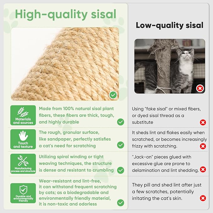 XiaZ Cat Scratching Post 34'' Tall, Cat Scratchers Tree Tower for Indoor Kitty with Extra Wide 15.8" Stable Base and 2 Toy Balls, Natural Sisal & Plush Fabric for Small, Medium Cats (Green, 2.8in)