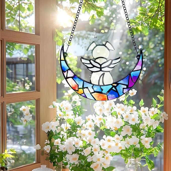 Stained Glass Angle Dog Memorial Suncatcher for Loss of Dog Sympathy Gifts, Dog Memorial Gifts with Sympathy Card, Dog Remembrance Gifts for Pet Lovers, Dog on Moon Ornaments for Window Hanging
