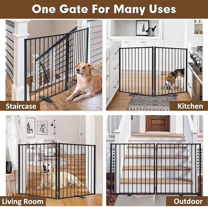 52" Extra Wide Dog Gate, Heavy Duty Metal Freestanding Dog Gate with Door for Indoor & Outdoor, Foldable Pet Fence for Stairs, Doorways,House,Porch,Deck,Yard, Auto Close(2 Panels,Black)