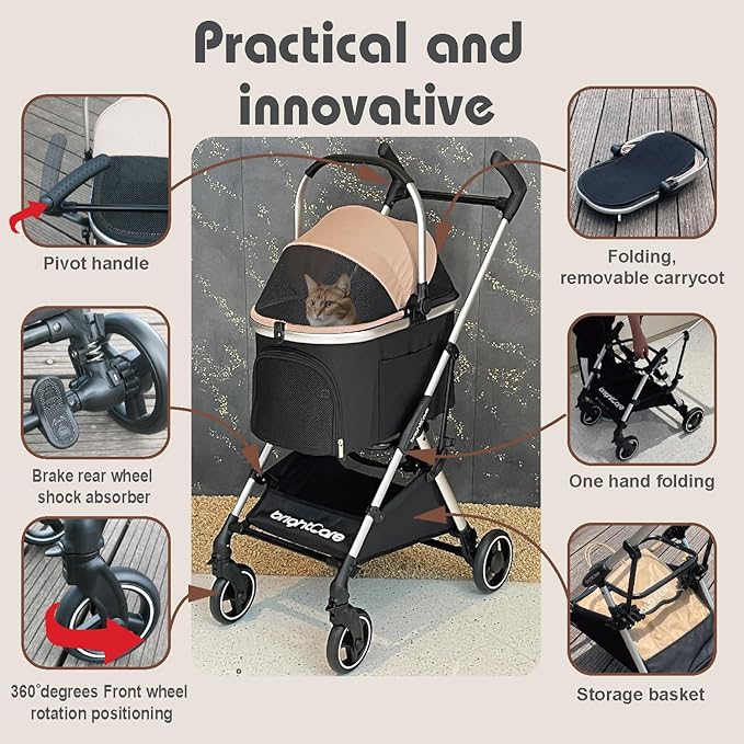 3-in-1 Small Pet Stroller for Small Dogs & Cats Under 20 lb with Detachable Carrier, Converts to Car Seat, Ultra-Lightweight only 11lb, One-Hand Fold