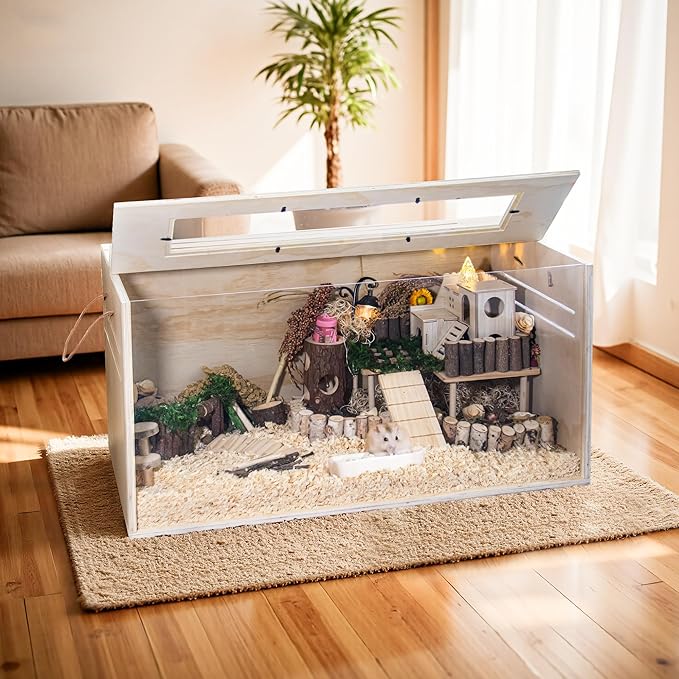 Hamster Cage Chewproof, 32" Wooden Guinea Pig Cage for Small Animals, Openable Top with Easy View Acrylic Panels for Hamster, Rabbit, Guinea Pig, Hedgehog(32" L x 15.7" W x 15.7" H)