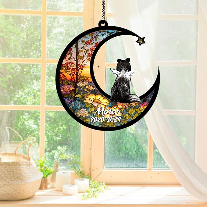 Personalized Shetland Sheepdog (Sheltie) Black Sun Catcher, Dog Memorial Gifts, Custom Shetland Sheepdog (Sheltie) Black with Wings Ornament Christmas Tree, Loss of Dog Sympathy Gift Suncatchers