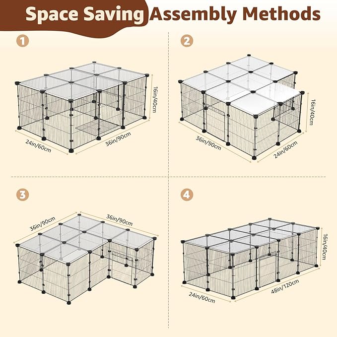 Tinnmao Rabbit Starter Kit, 20 Panels Small Animal Playpen with Top Cover, Waterproof Base Mat + 2 Washable Pee Pads + Litter Box, Indoor C&C cage for Guinea Pigs Bunny Accessories (Black Metal Frame)