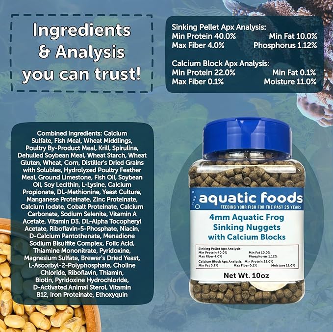 Aquatic Foods Inc. Calcium Blocks Included in Aquatic Frog, 4mm-3/16 Sinking 40% Protein Nuggets for Aquatic Frogs, Snails, Shrimp, All Tropical Fish...4-lbs 12oz Jar