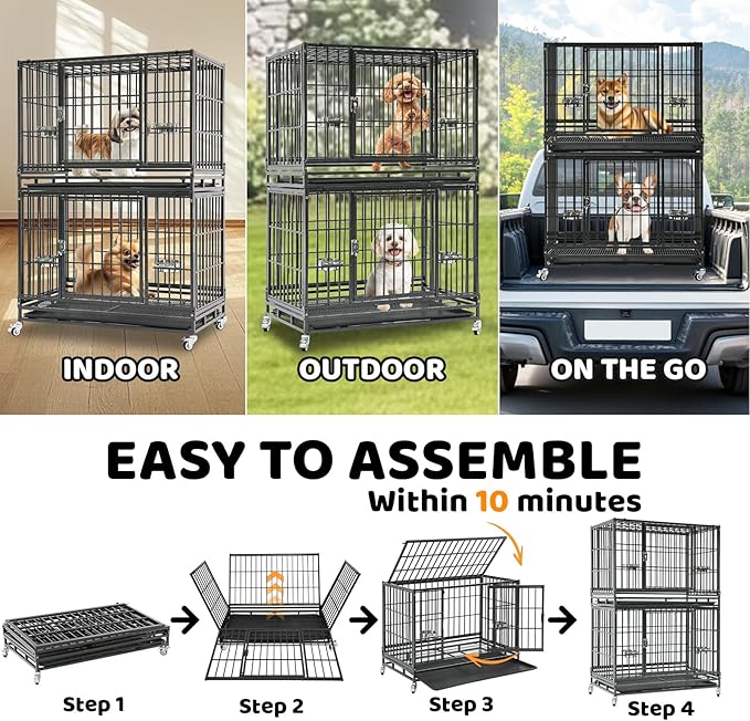 Homey Pet Two Tiers 37 Inch Dog Crate Cage Kennel with Feeding Bowls, Lockable Wheels and Removable Tray, Escape Proof Metal Wire Heavy Duty Dog Crates for Medium/Small Sized Dogs (6 Pack)